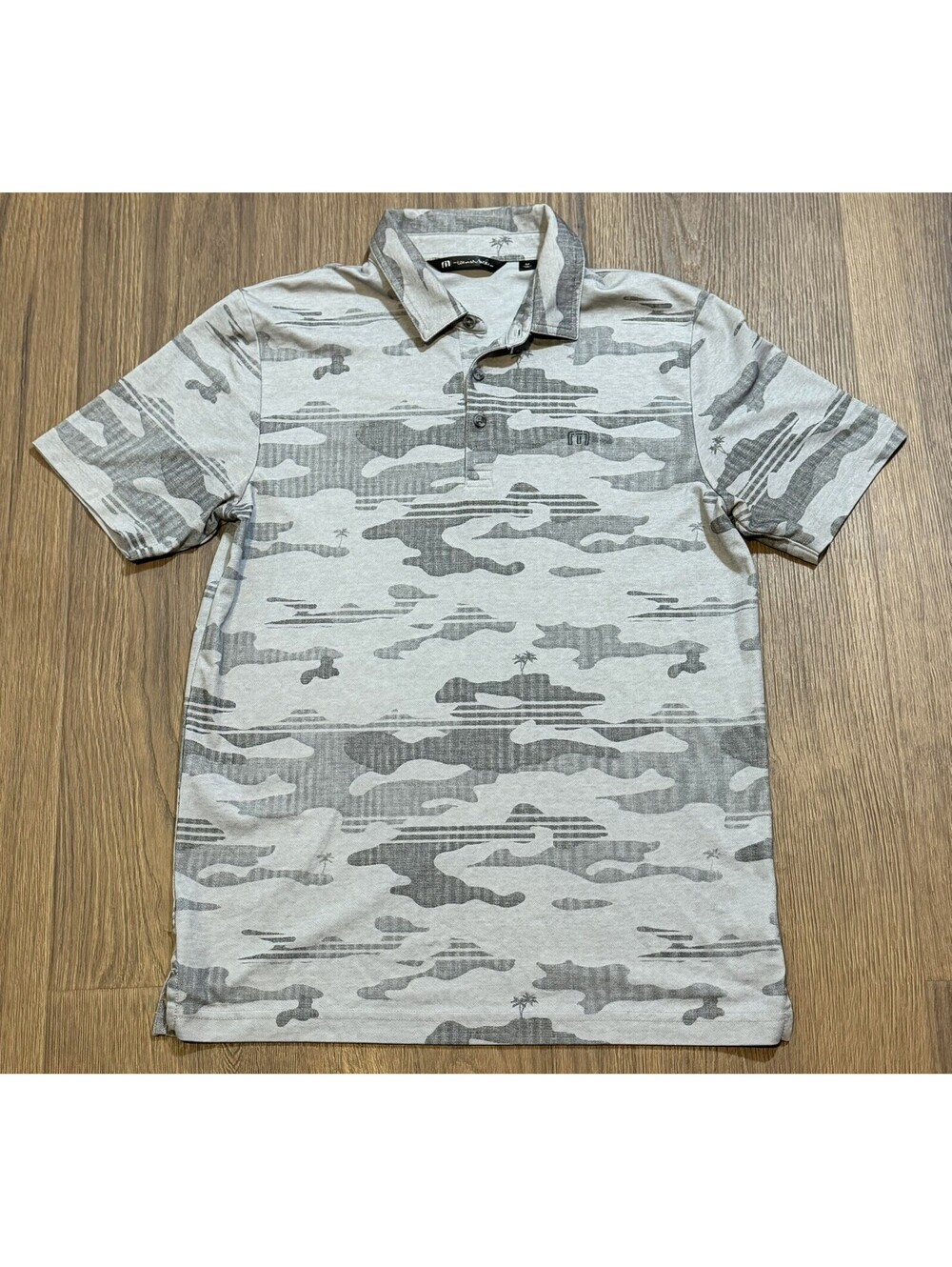 TravisMathew Mens Medium Gray Camo Palm Tree Golf Polo Shirt #15B